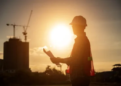 An engineer on a commercial site with tower cranes