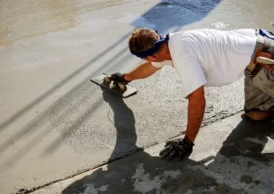 A mason smoothing fresh concrete on a slab